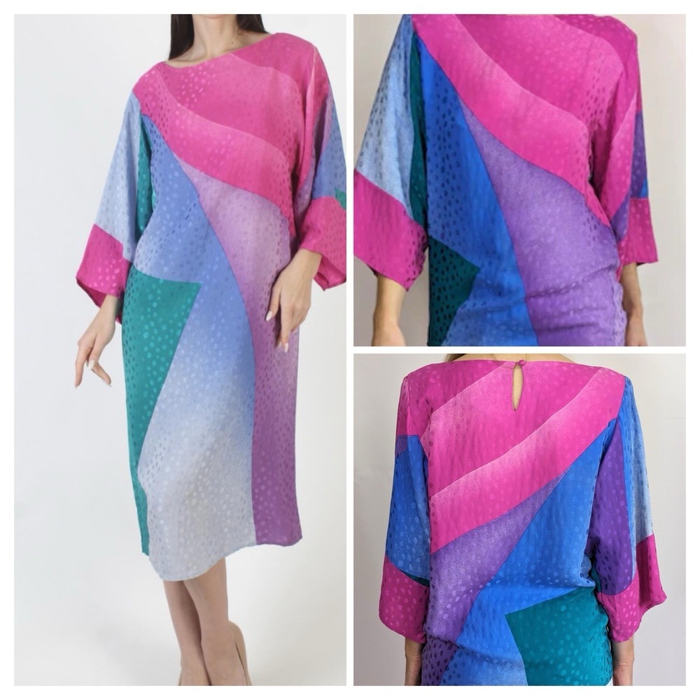 VTG Flora Kung 100% Silk Dress Sm/M Colorful Ombré Abstract Midi Made In Korea